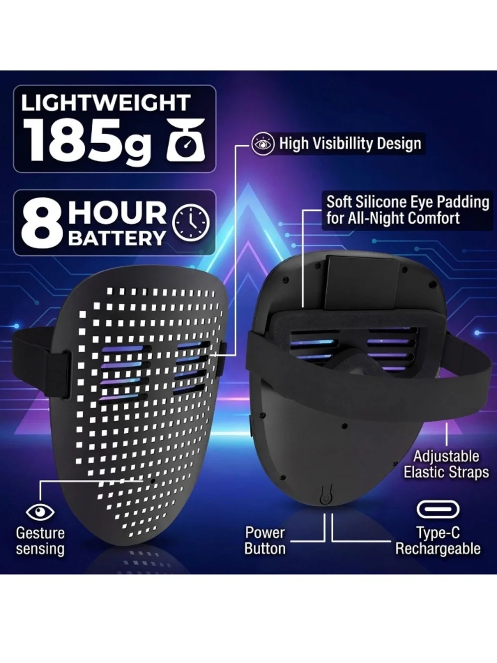 LED Light Up Face Mask with Gesture Sensing Halloween Party Rechargeable NEW